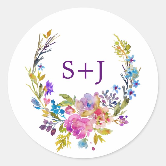 Sticker Rond Enveloppe Mariage de monogramme de fleurs de prune (Devant)