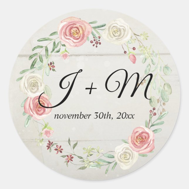 Sticker Rond Enveloppe monogramme Rose Floral Rustic Wood Blush (Devant)