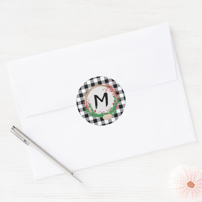 Sticker Rond Enveloppe noir blanc Monogramme de Noël (Enveloppe)