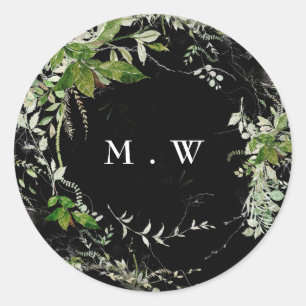 Sticker Rond Enveloppe noire Premium Eucalyptus Wreath Monogram