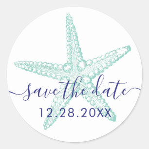 Sticker Rond Enveloppe Phoque Bleu Turquoise Starfish Plage Mar