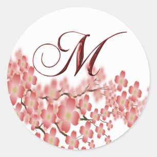 Sticker Rond Enveloppe Sceau Flower Dogwood M Monogram Mariage