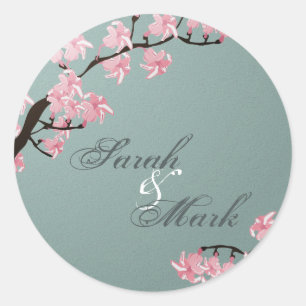 Sticker Rond Enveloppe Sceau Turquoise & Fleurs de cerise rose