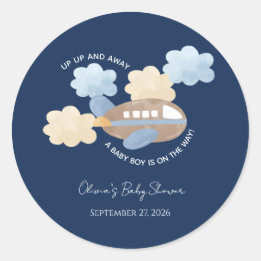 Sticker Rond Envol Aquarelle Avion Garçon Baby Shower