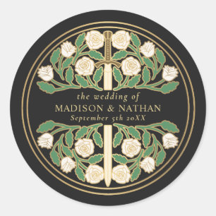Sticker Rond Épée de mariage florale médiévale royale noire