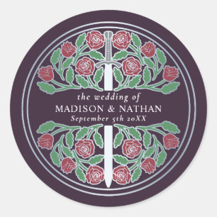 Sticker Rond Épée de mariage royale médiévale argentée Aubergin