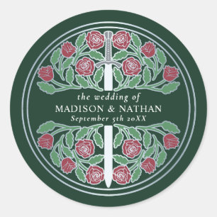 Sticker Rond Épée de mariage royale médiévale argentée verte 