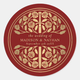 Sticker Rond Épée médiévale royale de mariage Gold Scarlet