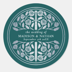 Sticker Rond Épée Médiévale Royale de Mariage Teal Argentée