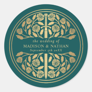 Sticker Rond Épée Royale Médiévale de Mariage Sarcelle Or