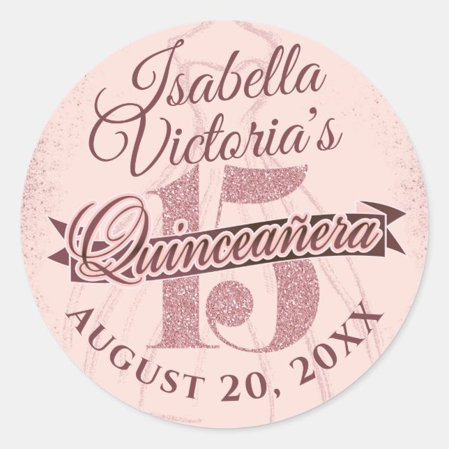 Sticker Rond Éperche de Parties scintillant or Rose Quinceanera (Devant)