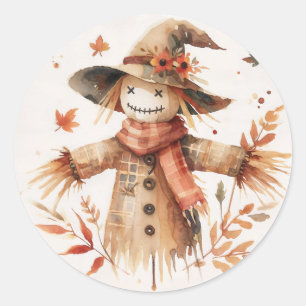 Sticker Rond Épouvantail souriant aquarelle d'automne