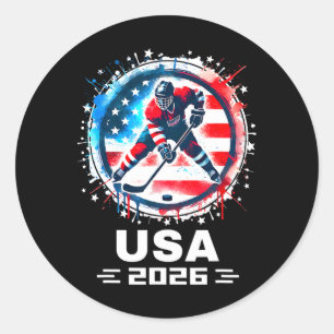 Sticker Rond Équipe États-Unis 2026 Hockey Drapeau Américain Fe