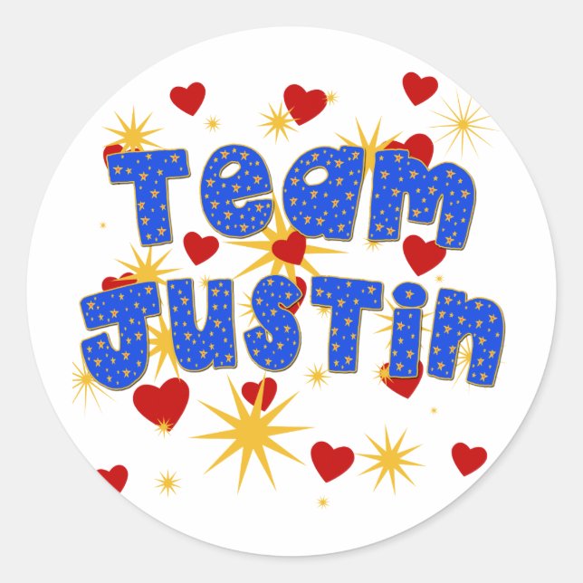Sticker Rond ÉQUIPE JUSTIN ! T-shirts pour enfants et adultes (Devant)