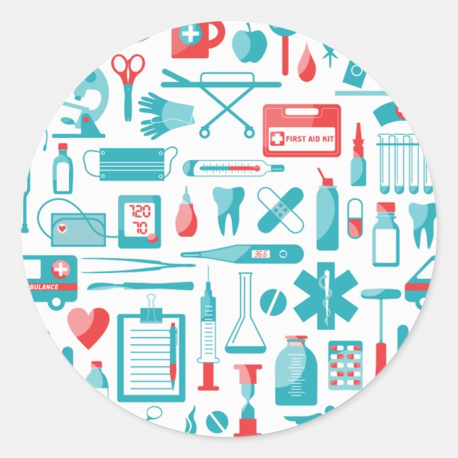 Sticker Rond Équipement Médicale en Turquoise et rouge (Devant)