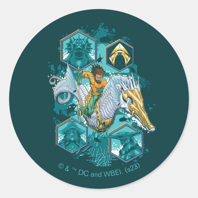 Sticker Rond Équitation Aquaman À Cheval Dans Les Royaumes (Devant)