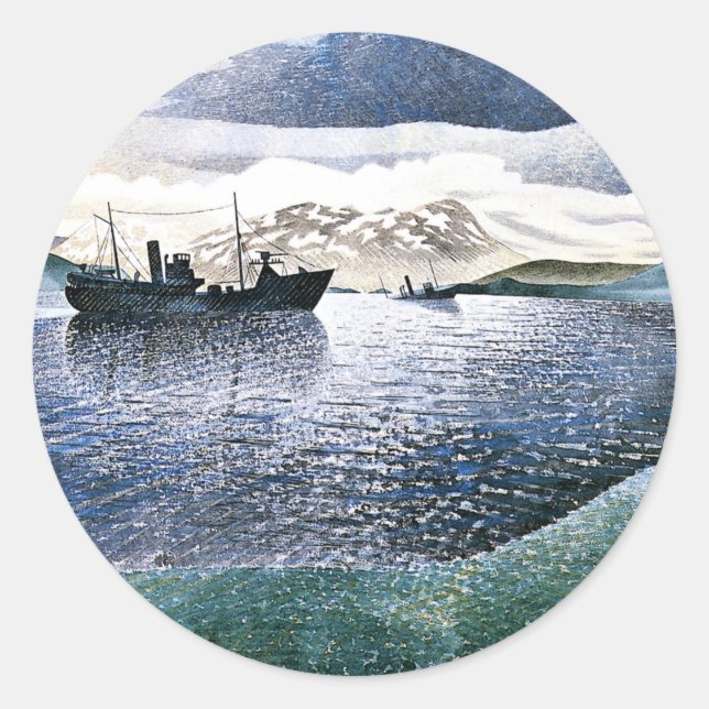 Sticker Rond Eric Ravilious - Norvège, réalisme magique, (Devant)