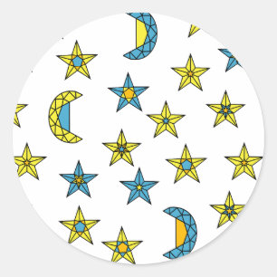 Sticker Rond Espace Jaune Bleu Lune et Étoiles Bijoux Motif