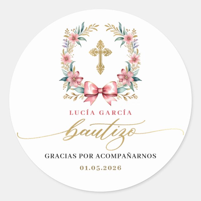 Sticker Rond Espagnol De Bautizo Gracias Or & Rose (Devant)