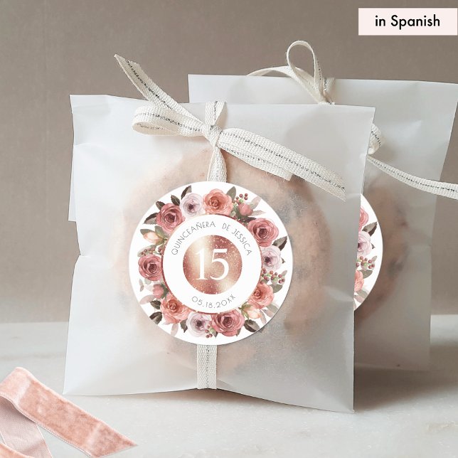 Sticker Rond Espagnol, Quinceañera, Enveloppe florale Sceau/Fav (Créateur téléchargé)