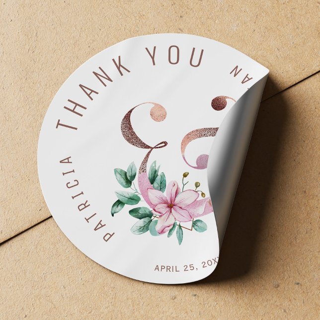 Sticker Rond Esperge de magnolia rose vif et Merci mariage (Créateur téléchargé)