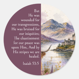 Sticker Rond Esthétique des Highlands d'Écosse, Isaïe 53:5 Bibl