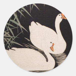 Sticker Rond Étang aux cygnes blancs classique vintage ukiyo-e