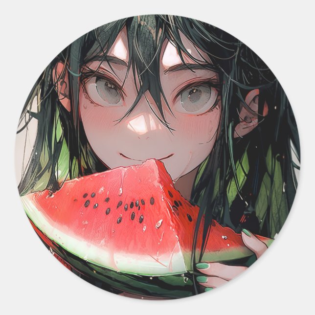 Sticker Rond Etc Juicy Eté Watermelon Anime Girl (Devant)