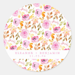 Sticker Rond Été Aquarelle rose Floral Mariage personnalisé