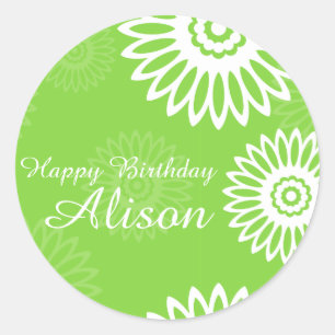 Sticker Rond Été Fleurs vertes Joyeux Anniversaire Nom autocoll