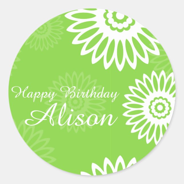 Sticker Rond Été Fleurs vertes Joyeux Anniversaire Nom autocoll (Devant)