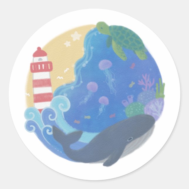 Sticker Rond Été Ocean Whale Turtle & Lighthouse (Devant)