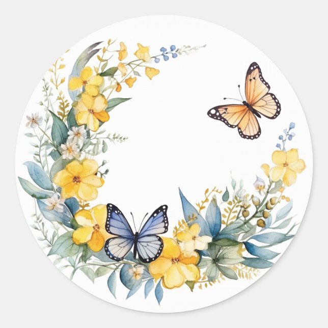 Sticker Rond Été papillon avec Fleurs fantaisie (Devant)