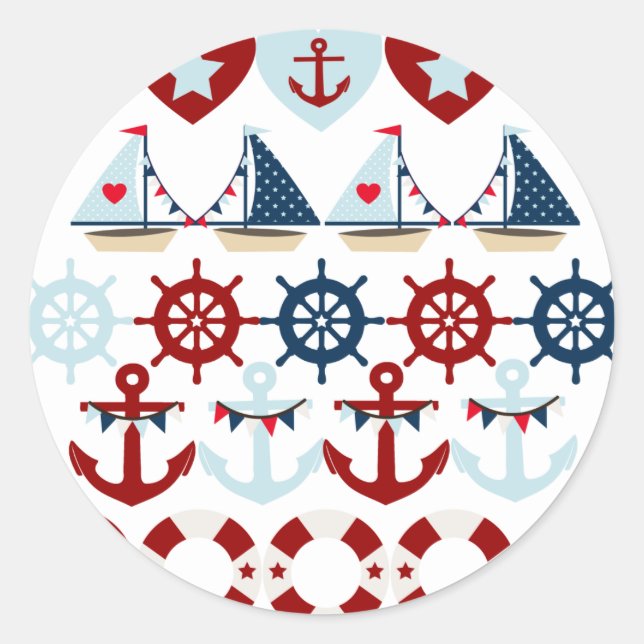 Sticker Rond Eté Thème nautique Ancres Bateaux à voile Helms (Devant)