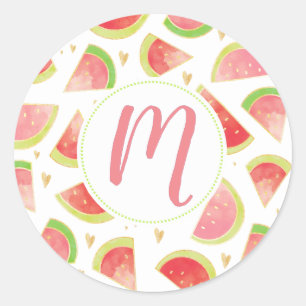 Sticker Rond Eté Watermelon Slices & Gold Heart Motif