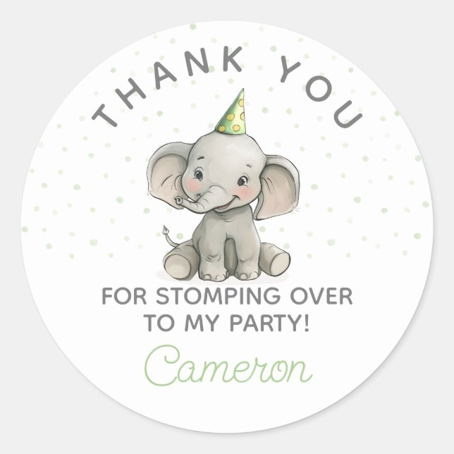 Sticker Rond Éteignez sur, mignon anniversaire de enfant élépha (Devant)