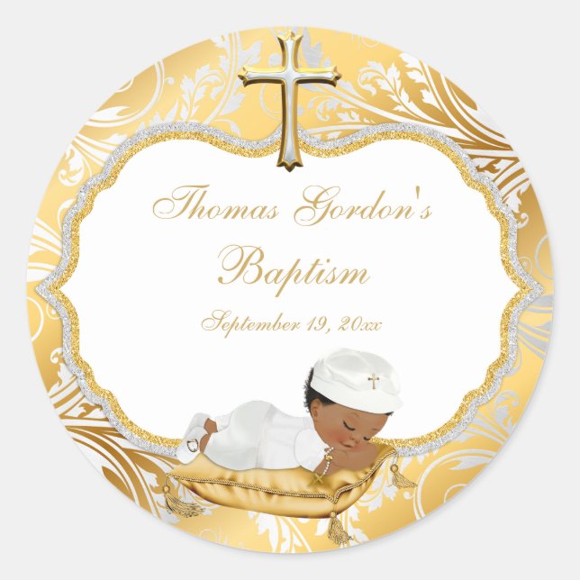 Sticker Rond Ethnic Baby Boy Baptism Gold Cross (Devant)