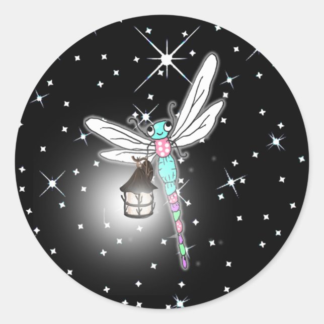 Sticker Rond Étincelles nocturnes de libellules magiques (Devant)