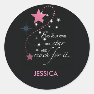 Sticker Rond Étoile de graduation, rose sur noir