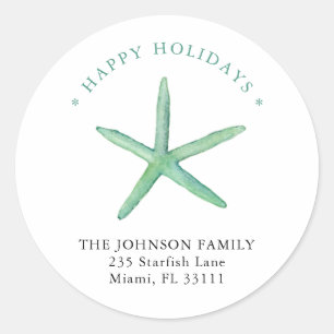 Sticker Rond Étoile de mer aquarelle Joyeux Noël adresse