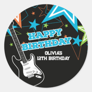 Sticker Rond Étoile de Rock Anniversaire Guitare Étoiles Bleu O
