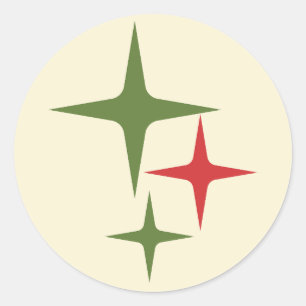 Sticker Rond Étoiles atomiques Moyen-siècle Rétro Noël Rouge Ve