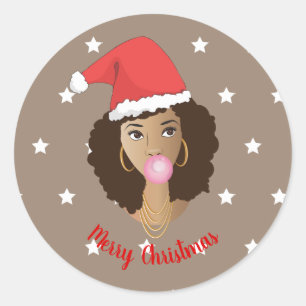 Sticker Rond Étoiles Blanches, Bubblegum Rose, Joyeux Noël