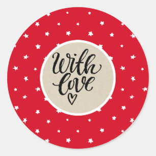 Sticker Rond Étoiles Blanches Rouges Fantaisie Rustique Kraft A