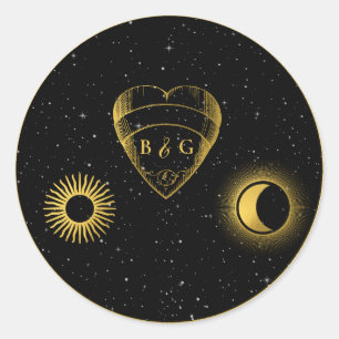 Sticker Rond Étoiles célestes Crescent Lune Mariage d'or noir