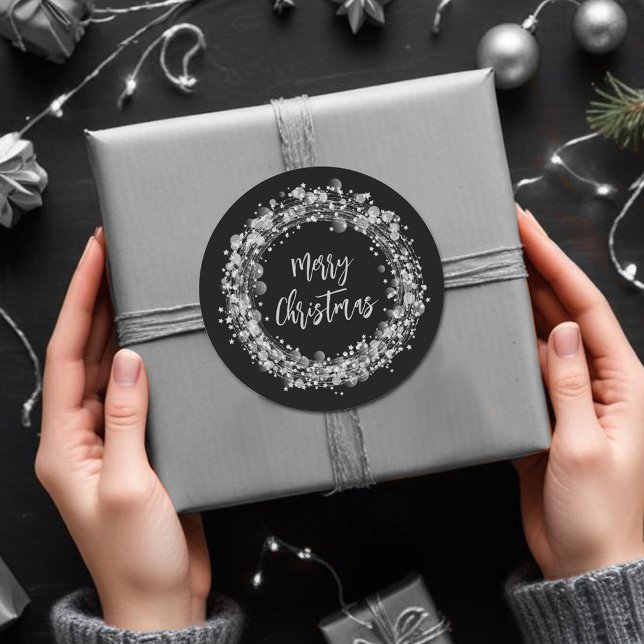 Sticker Rond Étoiles d'argent Joyeux Noël (Silver Stars Merry Christmas Classic Round 3" Stickers)