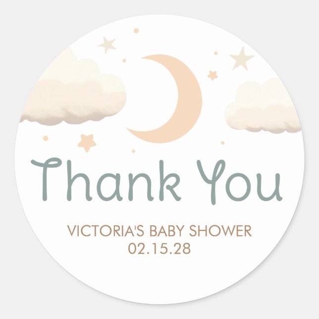 Sticker Rond Étoiles de lune et nuages Élégant Merci mignon (Devant)