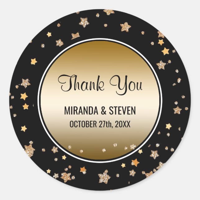 Sticker Rond Étoiles de Parties scintillant Black Gold Faux | F (Devant)