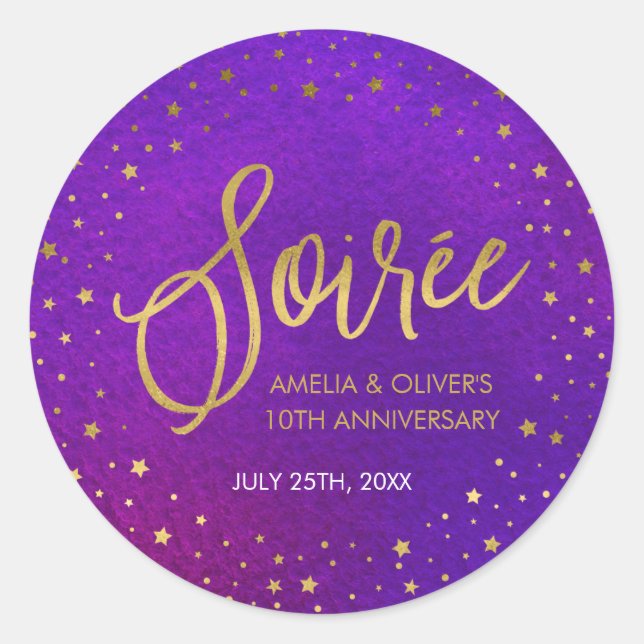 Sticker Rond Étoiles d'or pourpre chaque année Anniversaire (Devant)