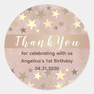 Sticker Rond Étoiles d'Or Rose 1er Anniversaire Merci